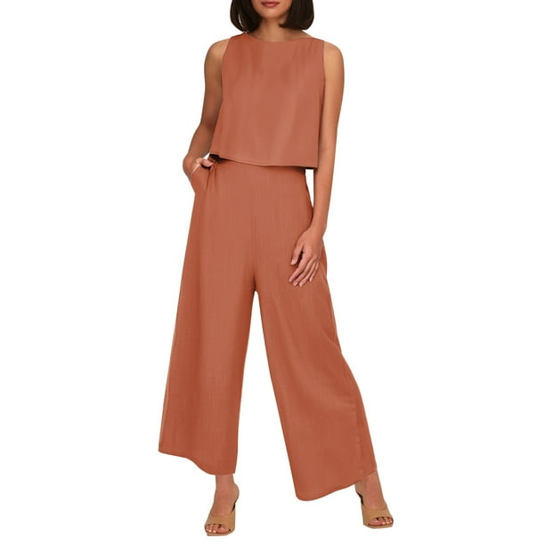 Conjunto de dos piezas de lino de color liso para mujer: top corto sin mangas con botones y pantalones de pierna ancha, tejido transpirable para el verano