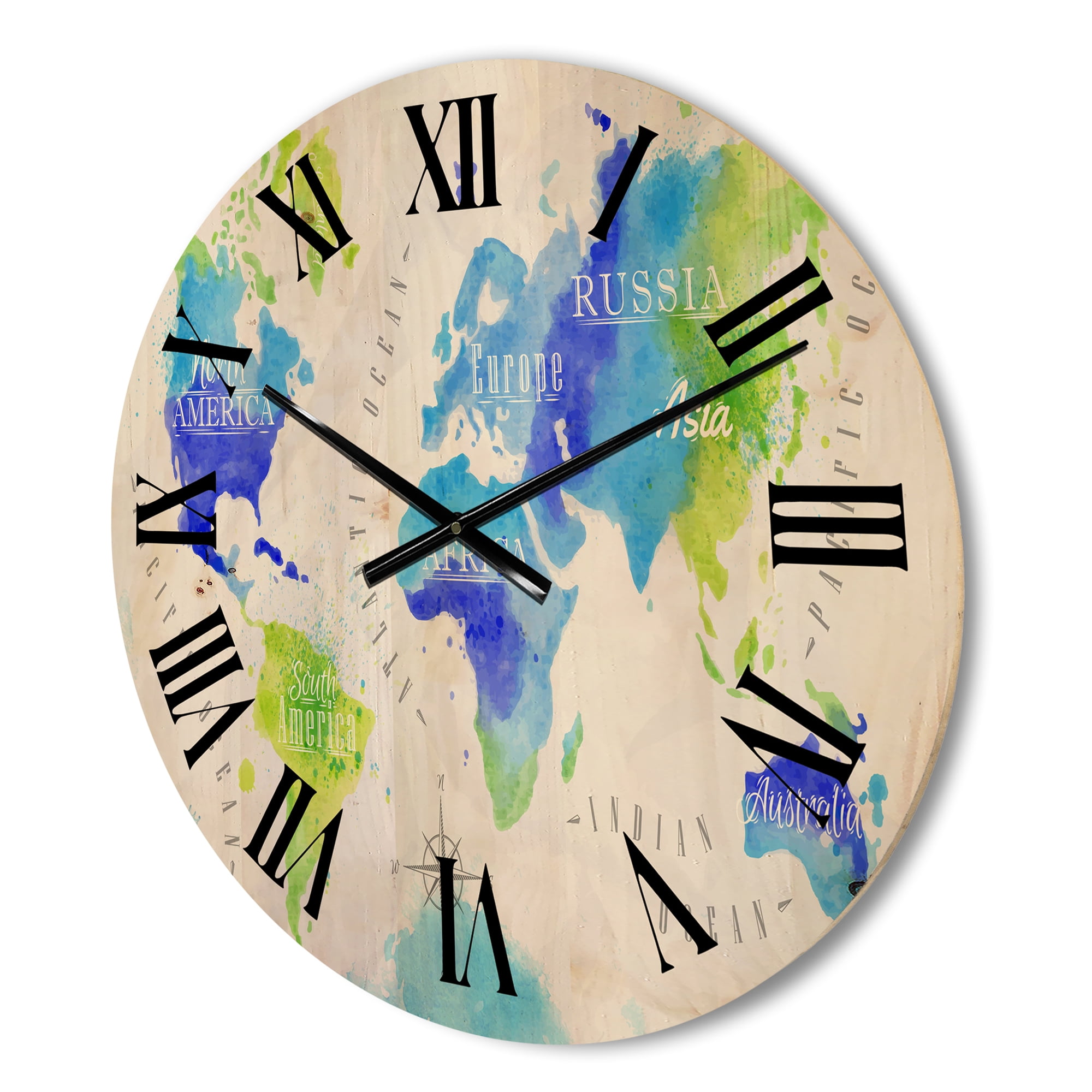 Designart 'World Map In Blue and Green' Modern Wood Wall Clock