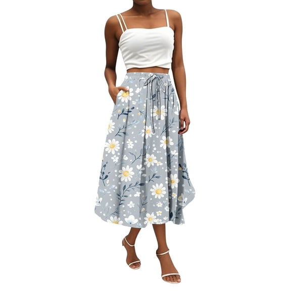 Yucgh Women's Bohemian Flower Print Midi Skirt with Pockets, Solid Color Casual Skirt, High Waisted Elastic Waist Skirt for Summer,Gray,2XL