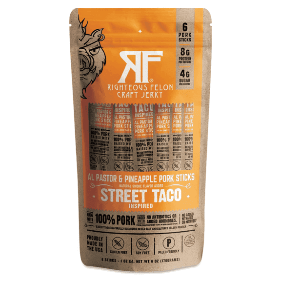 Righteous Felon Meat Sticks - Gluten Free & Keto Pork Sticks, Protein Snacks, Street Taco, 6 pack