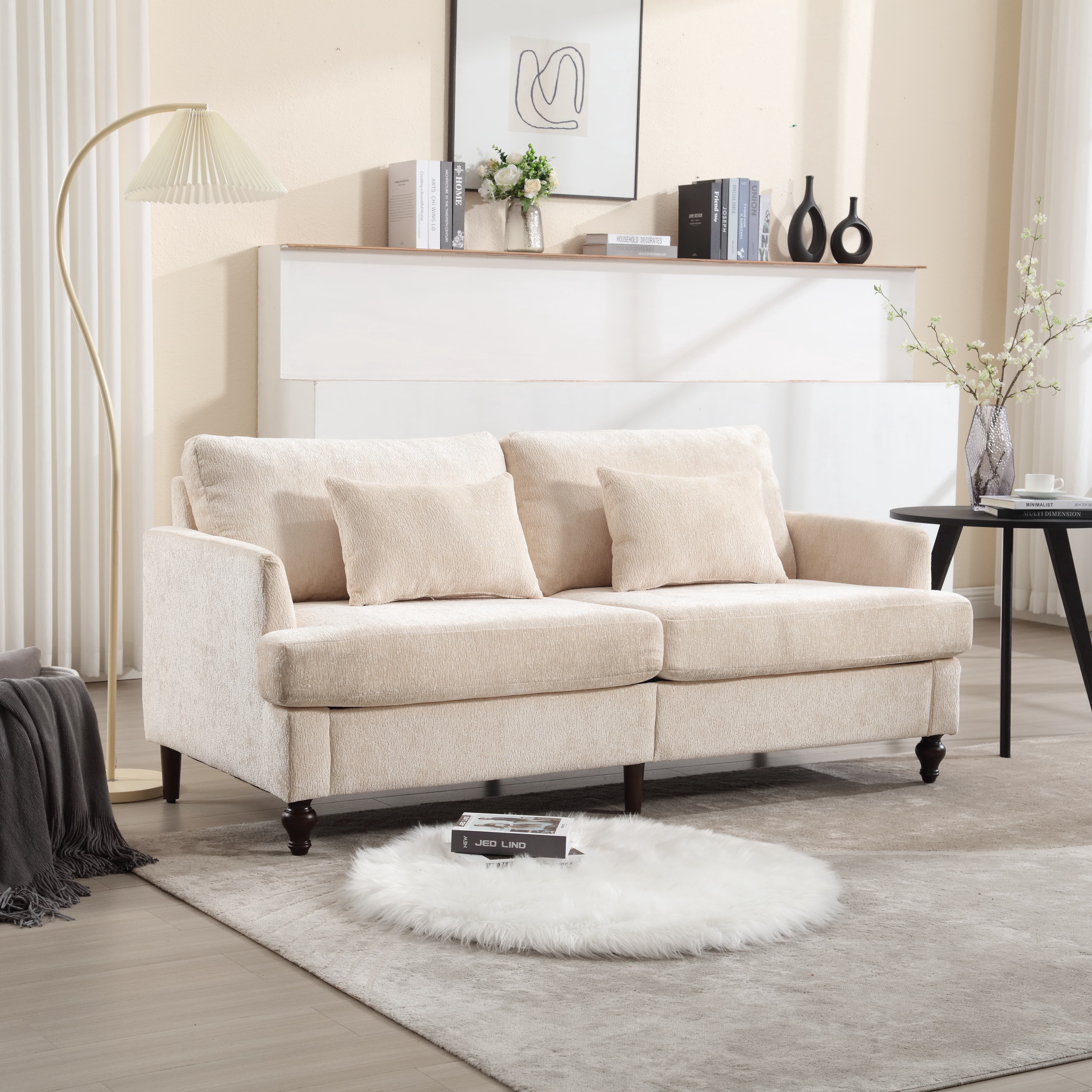 MAYEERTY Mid Century Modern chenille Fabric Loveseat sofa, 2-Seat Upholstered Loveseat Sofa Modern Couch for Living Room,Brown wood feet sofa for Bedroom, Reading (Beige Chenille)