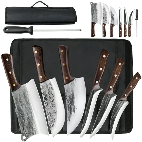 7 Pieces Butcher Knife Set with Roll Bag,DFITO Chef Knife Set for Meat Cleaver Cutting & Viking Knives with Ergonomic Handles, Stainless Steel Hand Forged Kitchen Knife Set for Home, Cooking, Camping