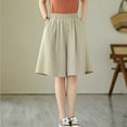 thumbnail image 2 of Summer Cotton Linen Bermuda Shorts Loose Fit Elastic Waist Knee Length Womens Casual Beach Shorts with Pockets (M, Beige), 2 of 7