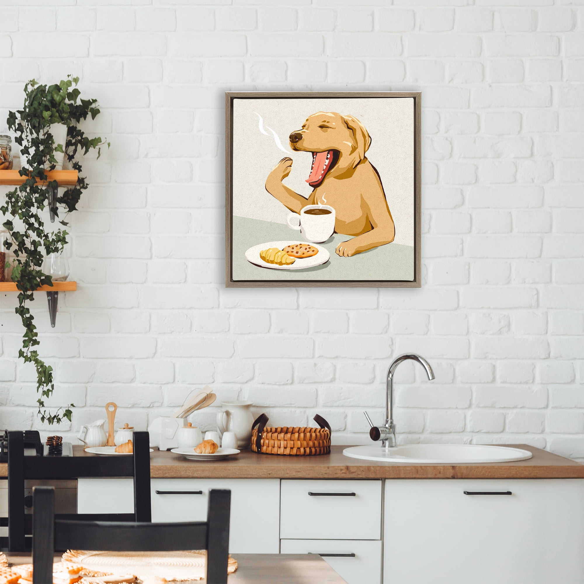 Stupell Industries Yawning Dog Morning Coffee Brown Framed Floater Canvas Wall Art, design by Ziwei Li