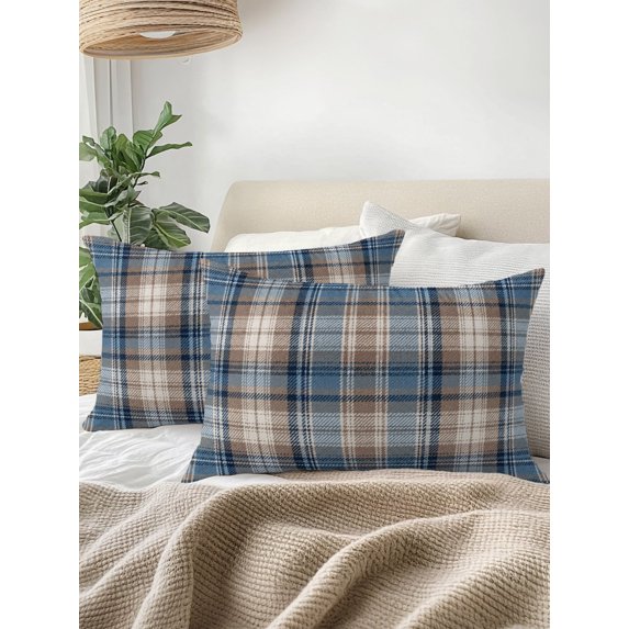 Outdoor Pillows Waterproof, Blue Beige Buffalo Plaid Bedding Throw Pillows with Insert for Couch Sofa Bed, White Farmhouse Modern Striped 12x20 Inch Pillowcases Decorative Patio Pillow Set of 2