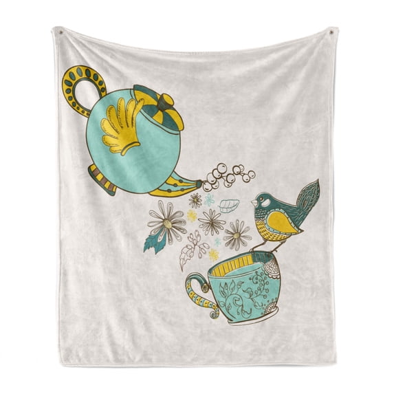 Tea Soft Flannel Fleece Blanket, Bird Drinking Winged Teapot Alice in Wonderland Style Friends Flowers Spring, Cozy Plush for Indoor and Outdoor Use, 50" x 70", Teal Pale Blue Yellow, by Ambesonne