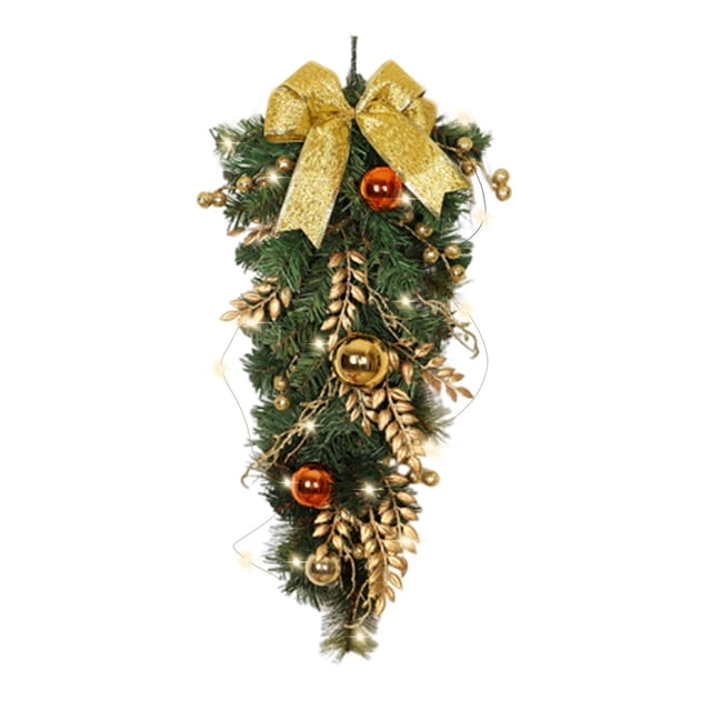 Corona colgante de puerta de al revés de Navidad, lazos exquisitos para festivales, decoración navideña, corona navideña para ventanas de Amarillo con luz