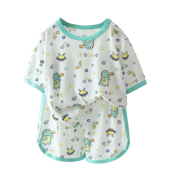 Odeerbi 1-14 Years Kids Girls Summer Ice Silk Pajamas Dinosaur Short Sleeve Tops Shorts Two-piece Pajama Set Casual Soft Comfortable Loungewear Kids Girls Clothes