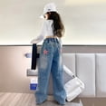 thumbnail image 4 of Girls School Wide Leg Pants with Heart Star Design Casual Loose 2024 Kids Fashion Long Jeans Children Korean Style Trousers, 4 of 5