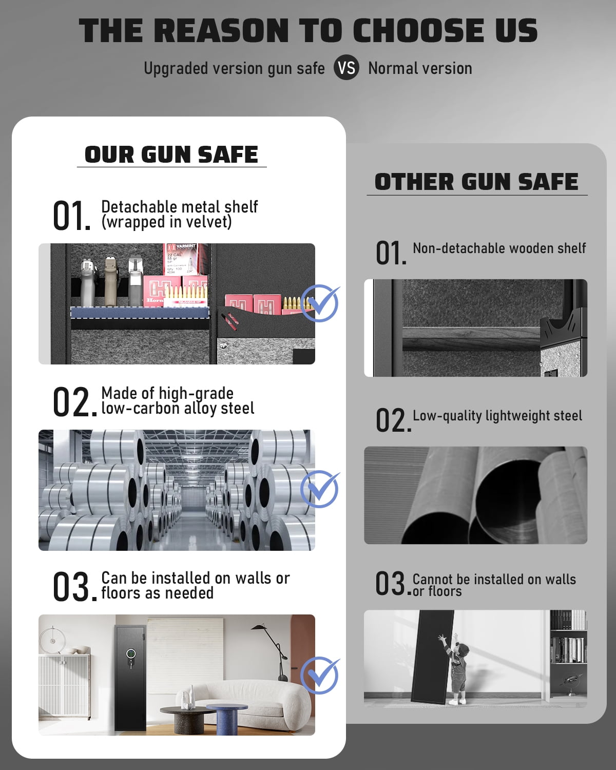 Riflewell 4-5 biometric gun safe, a long gun cabinet for household shotguns, pistols, and shotguns, equipped with detachable partitions, fire and smash resistant, dual alarm and silent modes