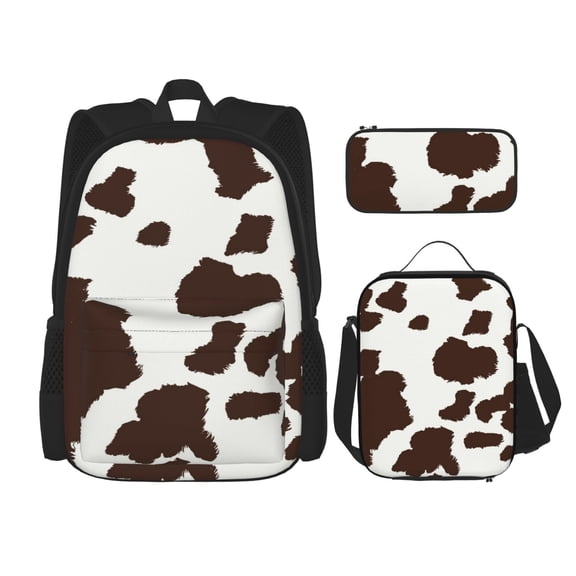 Naloa Brown Cow Print Large Capacity Backpack Lunch Bag Pencil Case Combination 3 Piece Set for Student