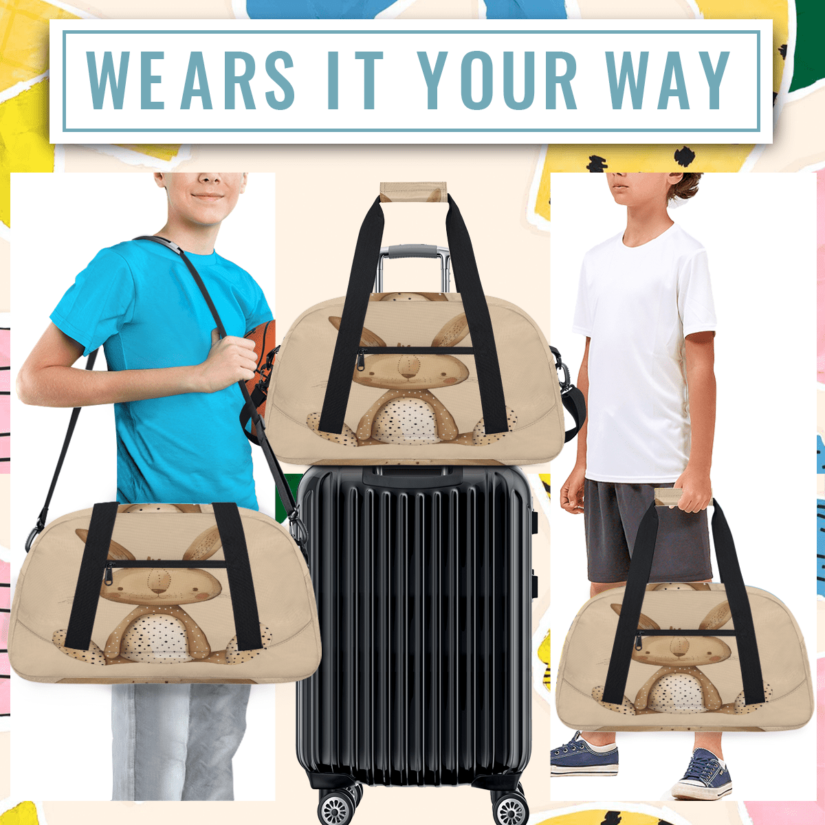 Herdesigns Cute Bunny Sports Duffle Bag for Women & Men, Gym Bag Dance Bag Overnight Bag Carry On Weekender Travel Bag
