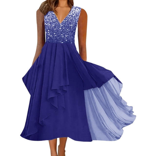 Robe Décontractée pour Femmes Robe en Chiffon Col en V Sans Manches Vêtements pour Femmes m Argent