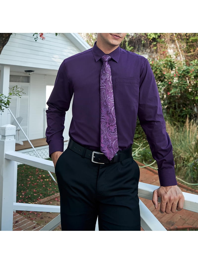 Hisdern Wrinkle-resistant Purple Dress Shirt and Paisley Tie 2XL