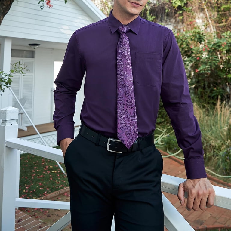 HISDERN Mens Solid Dress Shirt, Long Sleeve with Tie and Handkerchief,  Classic Formal Purple - Walmart.com