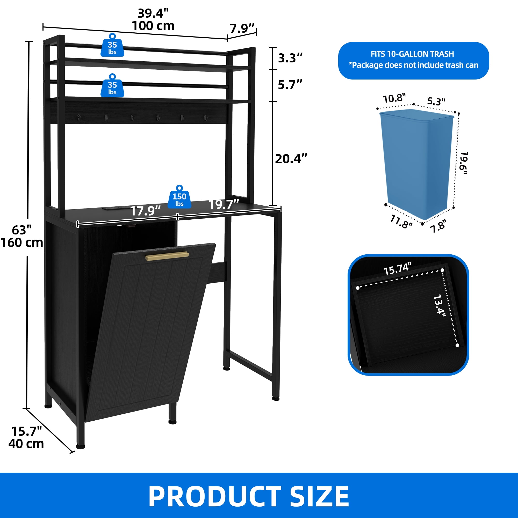 DEXTRUS 63" Bakers Rack with Power Outlets, Mini Fridge Stand with Cabinet for 10-gal Bin, Black
