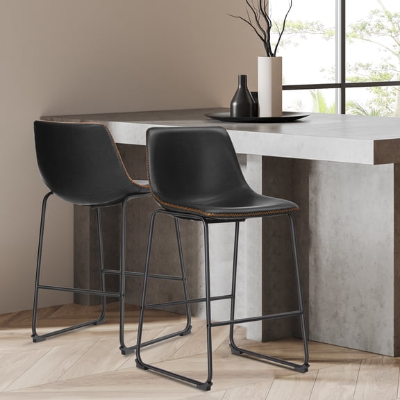 GIANNA Faux Leather Counter Height Bar Stools Set of 2, With Back and Metal Leg, 26 inch Height, for Home Kitchen Office, Black
