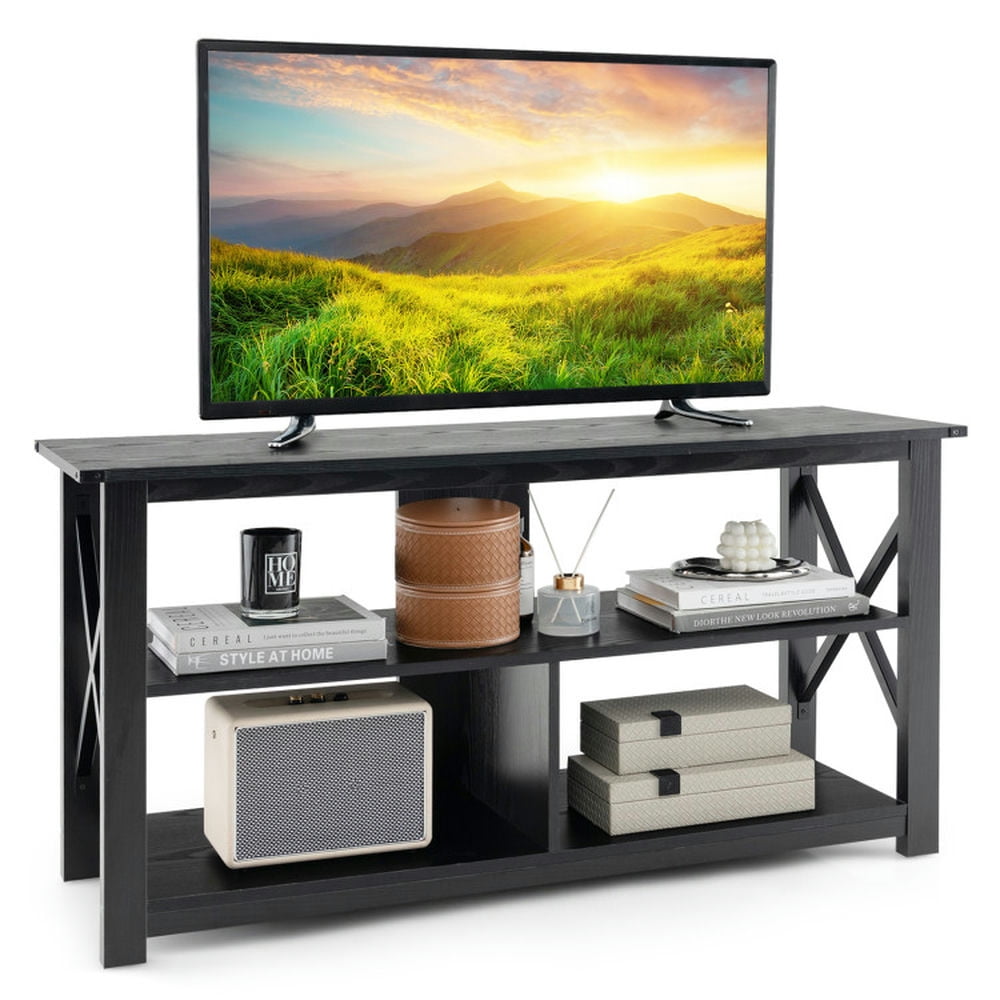 Finihen TV Stand, Entertainment Center, 3 Tier Wood TV Stand for 55-Inch with Open Shelves and X-Shaped Frame, for Living Room, Black