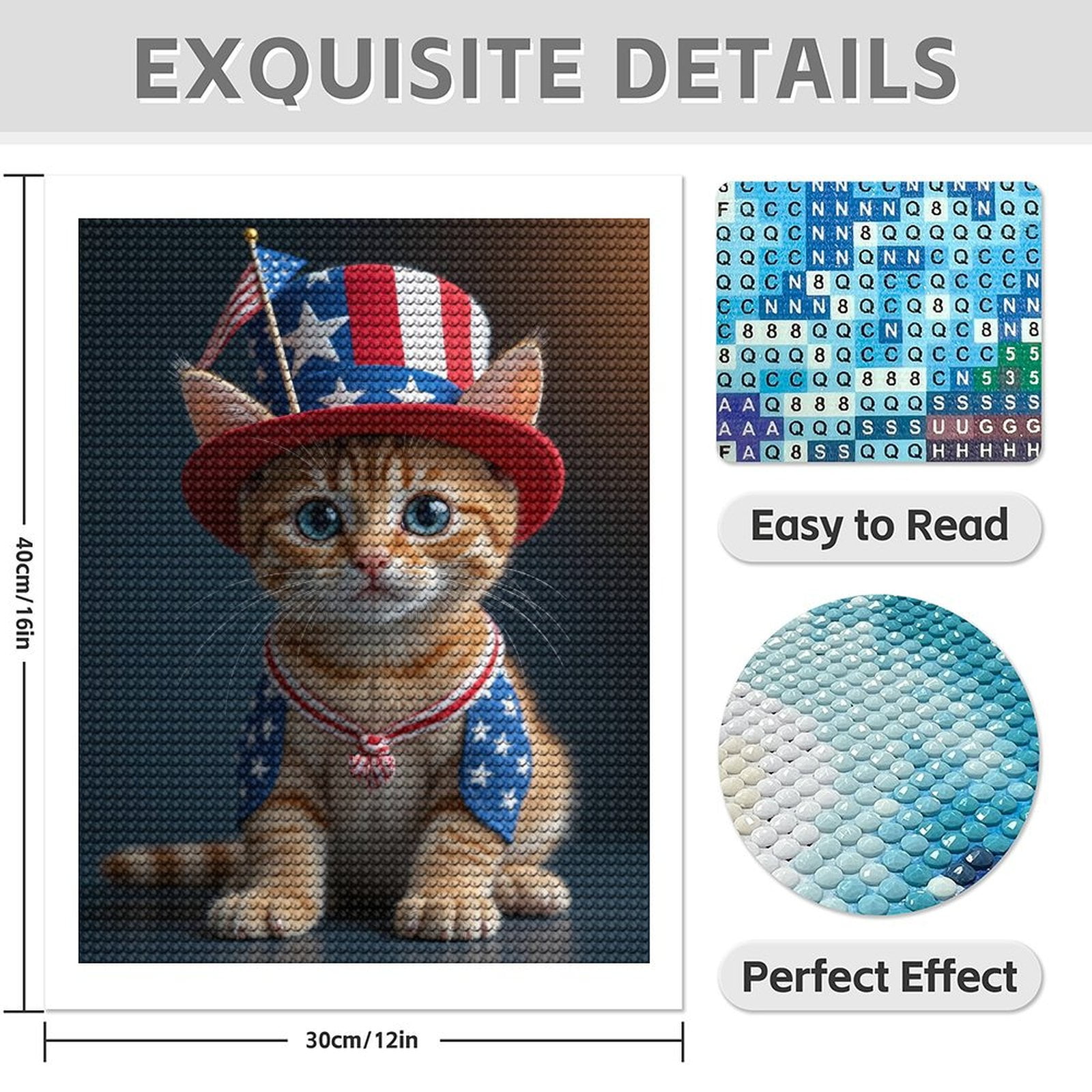 Diamond Art Kit for Adults, Patriotic Kitten Festive Outfit Diamond Painting for Adults Beginners, 5D DIY Diamond Art Painting Kits, Colorful Diamond Painting Craft for Home Decor 12x16