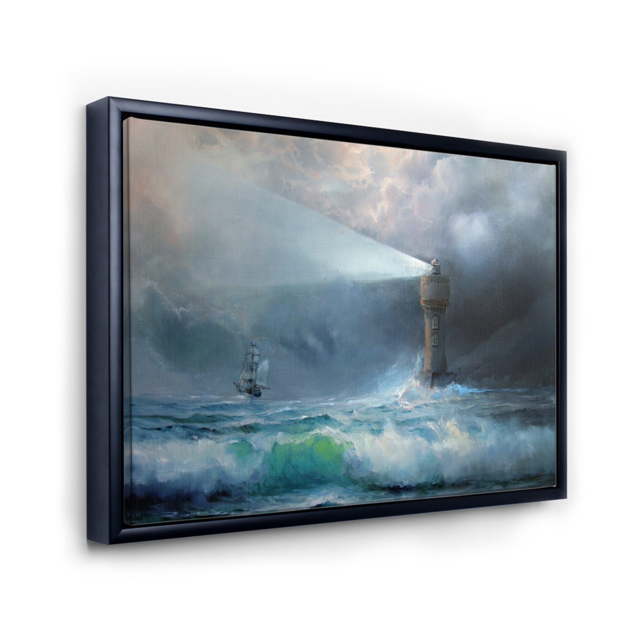 Designart 'Lighthouse Shining Light During Stormy Clouds Night II' Nautical & Coastal Framed Canvas Wall Art Print