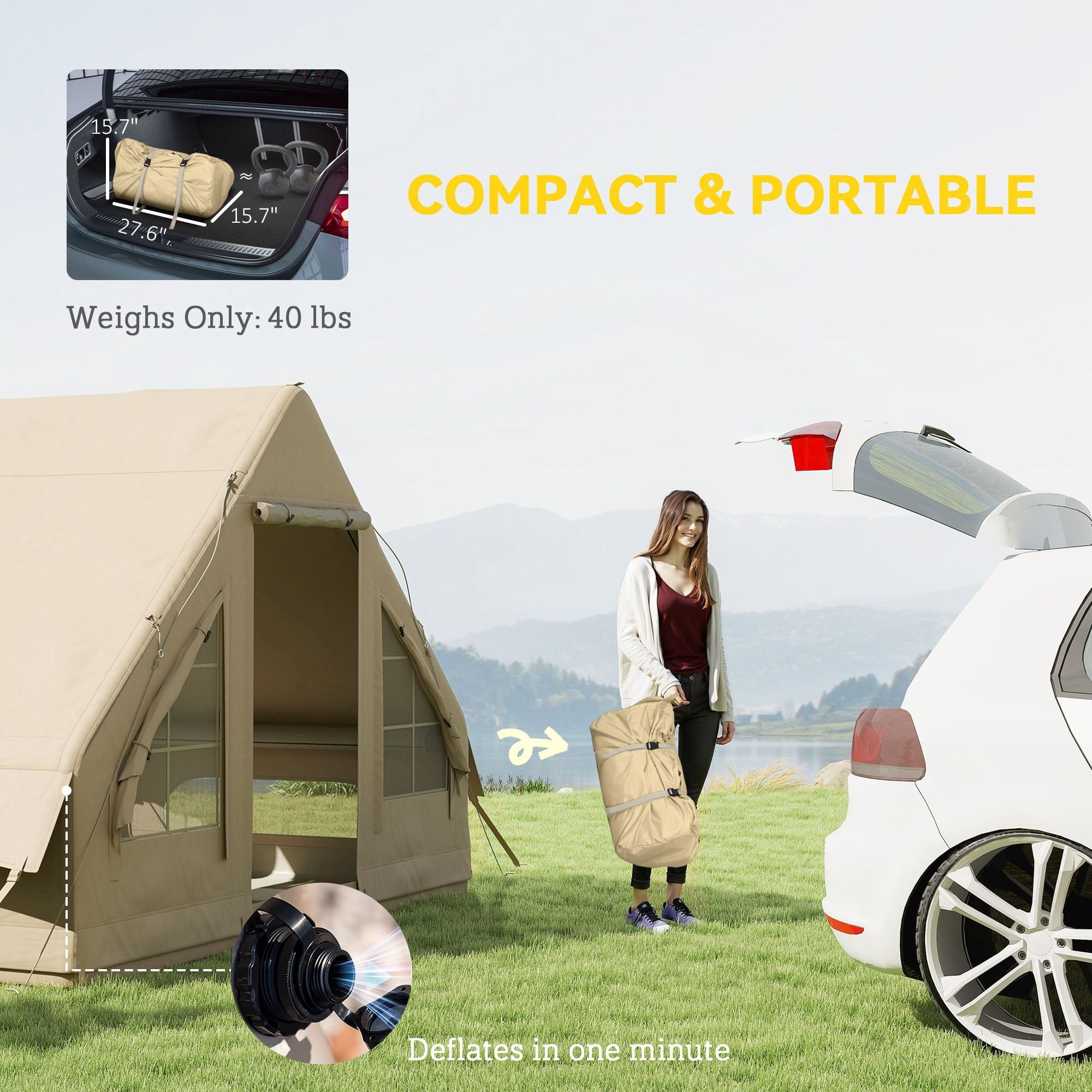 Outsunny Inflatable Camping Tent with Hand Pump, 4-6 Person 420D Oxford Fabric Blow Up Cabin Tent, 3000mm Waterproof & UPF50+ for Glamping, Sand, 118.1" L x 78.7" W x 78.7" H