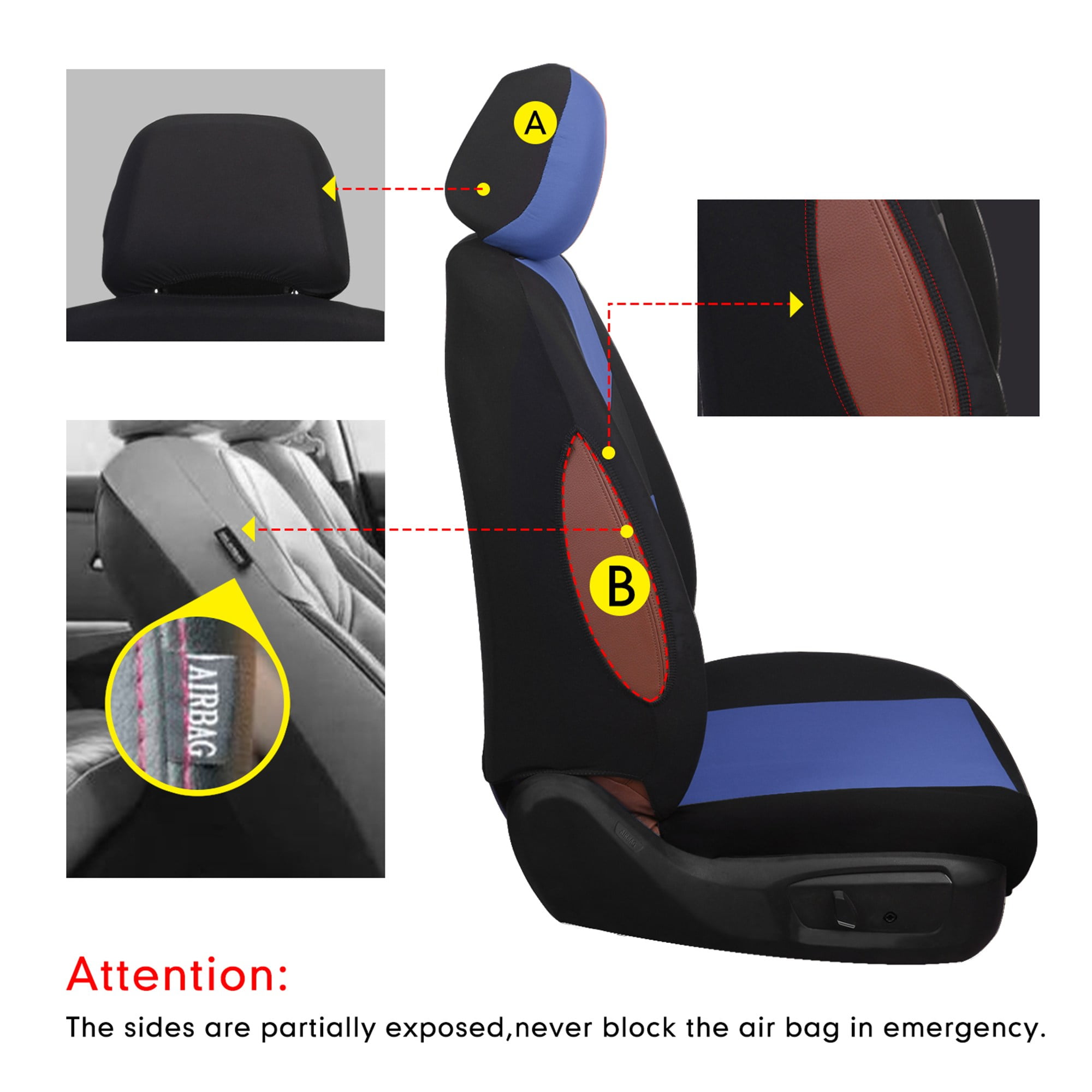 Universal Front Seat Covers for Cars, SUVs, Trucks, Black-Blue Trim, Anti-Wear Car Seat Protector for 2 Seats, All-Season Full Surround Design