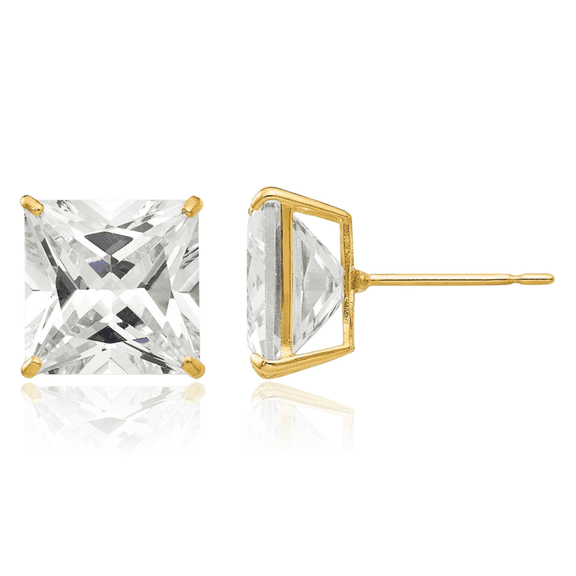 14K Solid Yellow Gold 9mm Square Cubic Zirconia CZ Stud Earrings