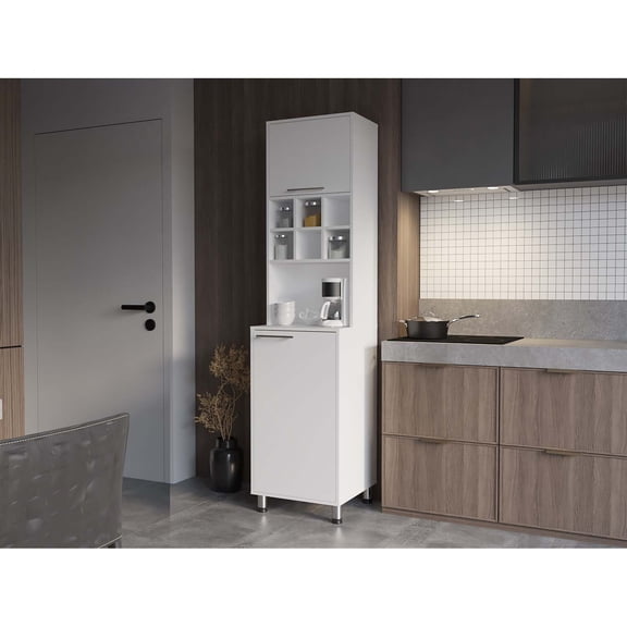 FM FURNITURE Rock Kitchen Pantry with Pneumatic Door Open Storage White