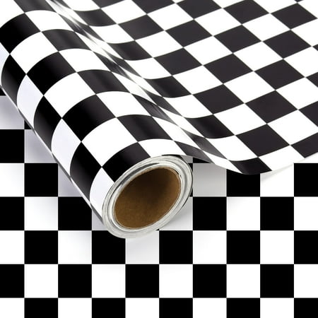 1 Roll Black PresNok Checkered Wrapping Paper Mini Roll 17in x 32.8Ft Black White Checkered Pattern Gift Wrap Paper for Race Car Birthday Party Wrapping Supplies