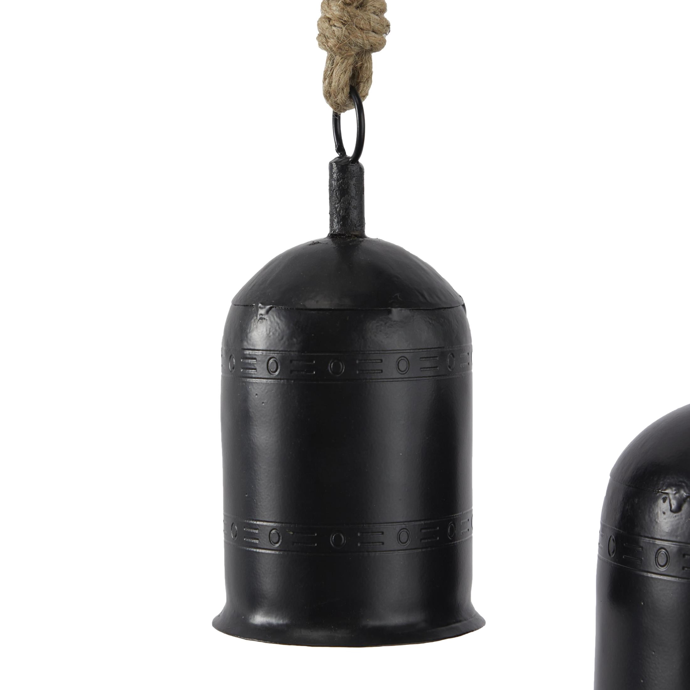 DecMode Tibetan Inspired Black Metal Cylindrical Decorative Cow Bells with Jute Hanging Rope, 3 Count