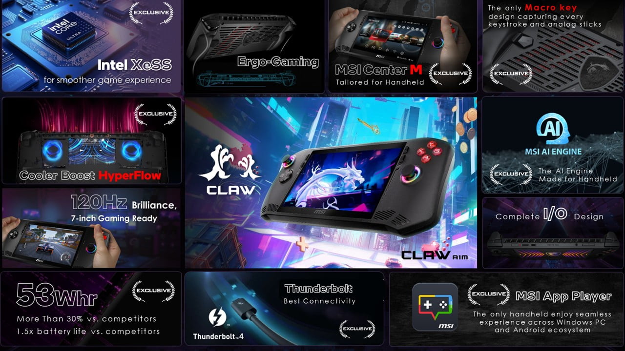 MSI Handheld CLAW A1M-052US 7" FHD - 120Hz - Intel® Core™ Ultra 5-135H - 16GB - 512GB - Black - Handheld Game Console