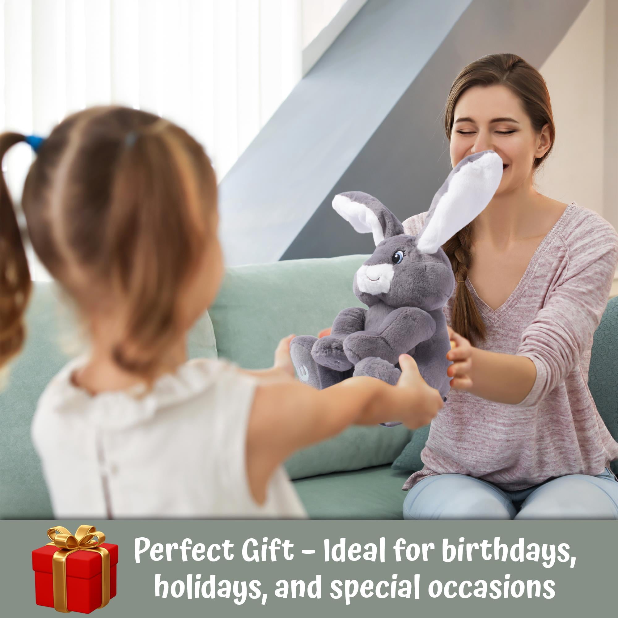 Dimple Milo Stuffed Bunny Toy – Interactive Grey Baby Bunny with Peek-a-Boo & Singing Songs, Soft Plush Gift for Infants, Babies & Toddlers, Boys and Girls, Ages 0+