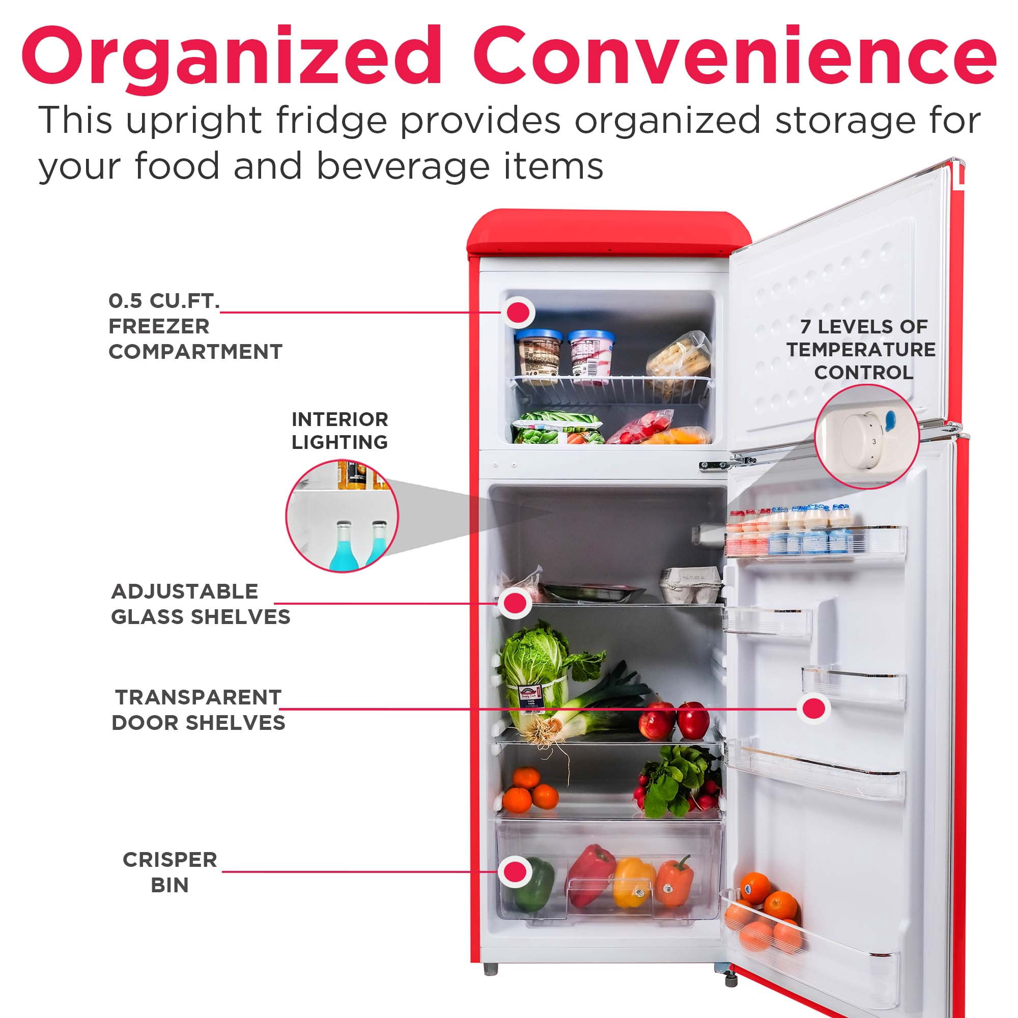 Frigidaire 7.5 Cu. ft. Retro Refrigerator, Apartment Size Top Mount Fridge with Chrome Handles, Red EFR756