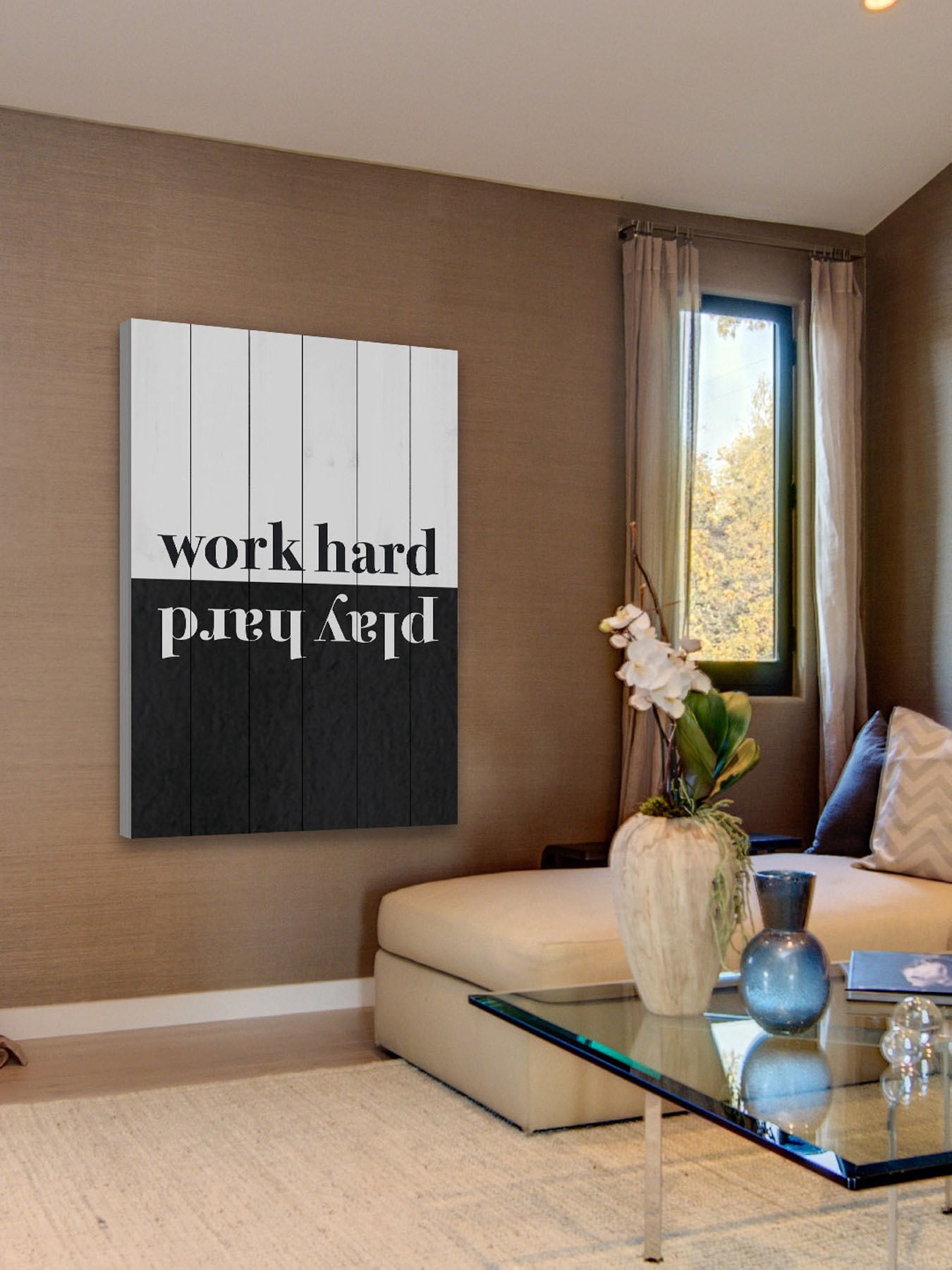 "Work Hard Play Hard" Painting Print on White Wood