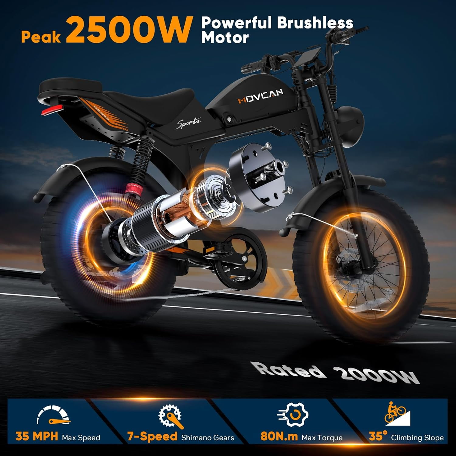 Movcan V70 Electric Bike for Adults, Peak 2500W 35mph 52V 23.4Ah Mountain Ebike,20" Fat Tire Full Suspension UL2849