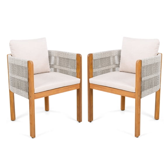 Acacia Wood Outdoor Dining Chairs 2-Pack with Mix White Rope Handles, Washable Waterproof Beige Cushions, 400 lbs Capacity