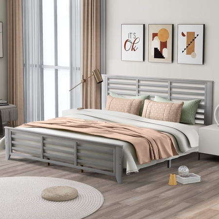 King Bed Frames with Headboard  Solid Wood King Platform Bed with 400lbs Weight Capacity  No Box Spring Needed  Gray