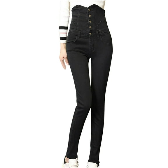 Fjofpr Womens Denim Skinny Jeans Clearance Skinny Jeans for Women Stretchy Women's Plus Velvet Thickening Five-Breasted High Waisted Elasticity Skinny Pants Pencil Long Trouse