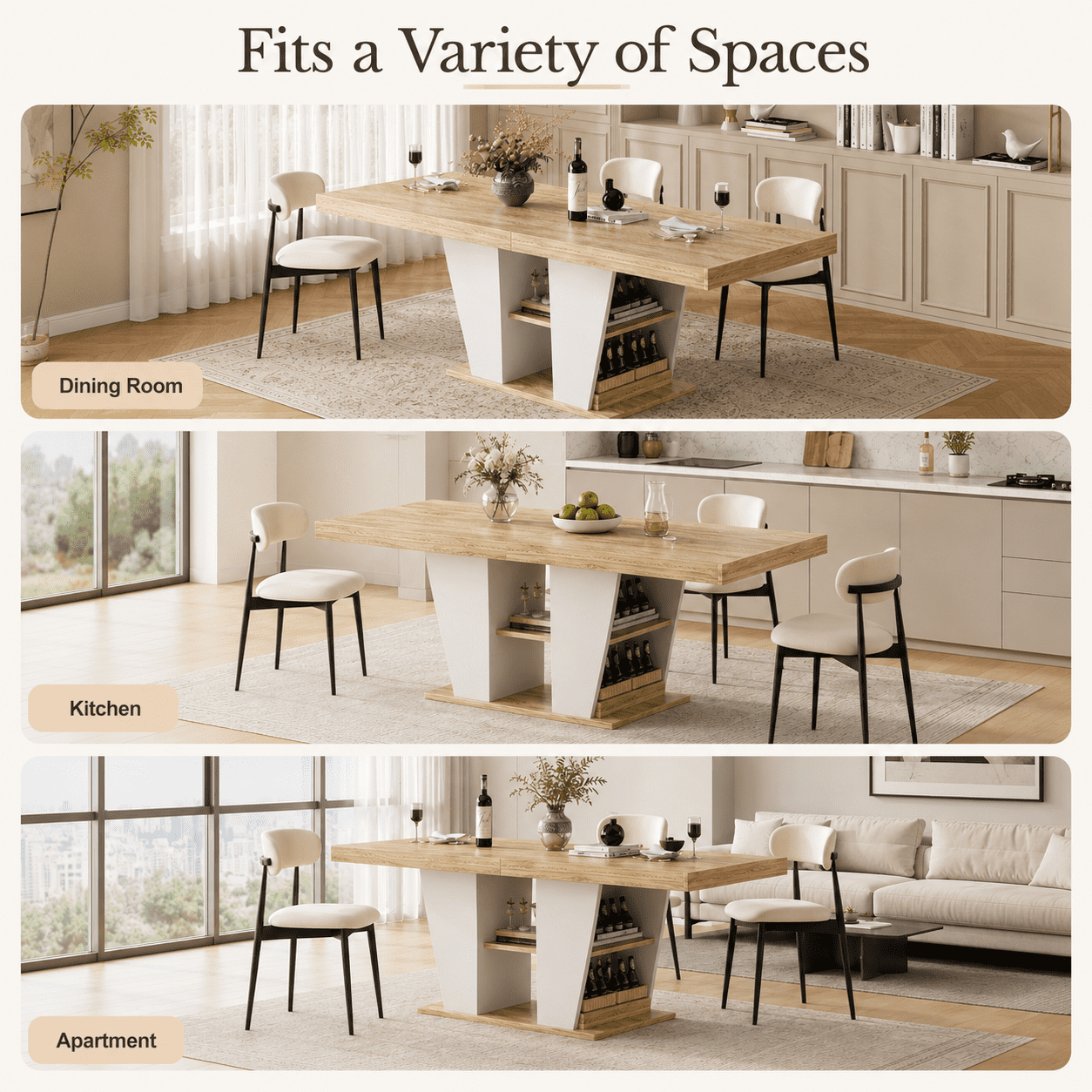 Aukfa 63"-78.7" Extendable Dining Table for 8-10 with Storage, Natural/White