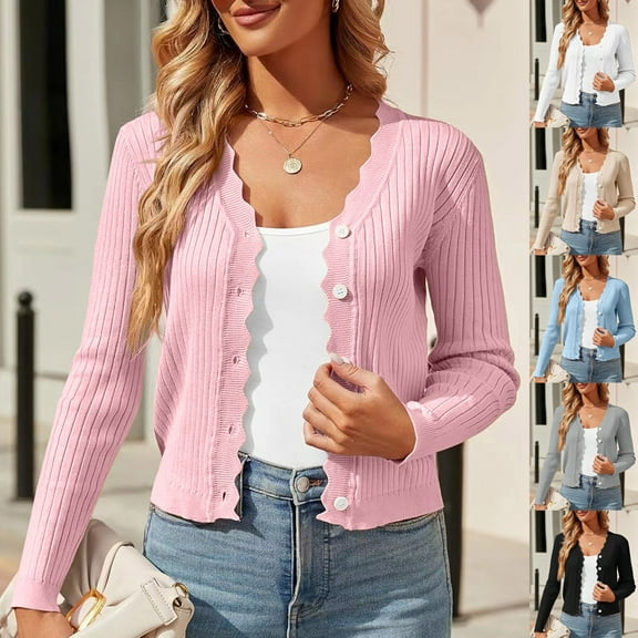 Womens Cardigans Lightweight Long Sleeve Cropped Button Down Sweaters V Neck Solid Color Fall Outfits Beige L