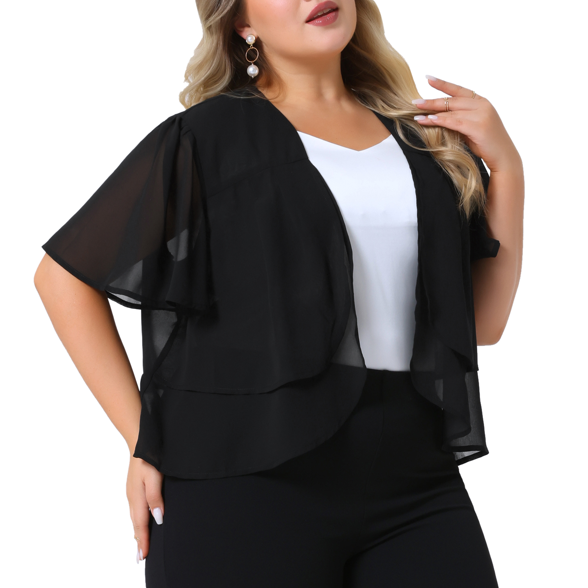 DARING DIVA Women's Plus Cropped Short Sleeve Open Front Sheer Shrug 1X Black