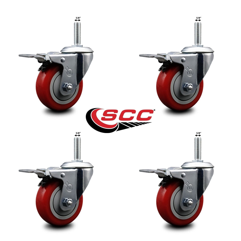 3.5 Inch Red Poly Swivel 5/8 Inch Threaded Stem Caster Set with Total Lock Brake
