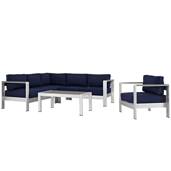 Modern Contemporary Urban Design Outdoor Patio Balcony Five PCS Sectional Sofa Set, Navy Blue, Aluminum