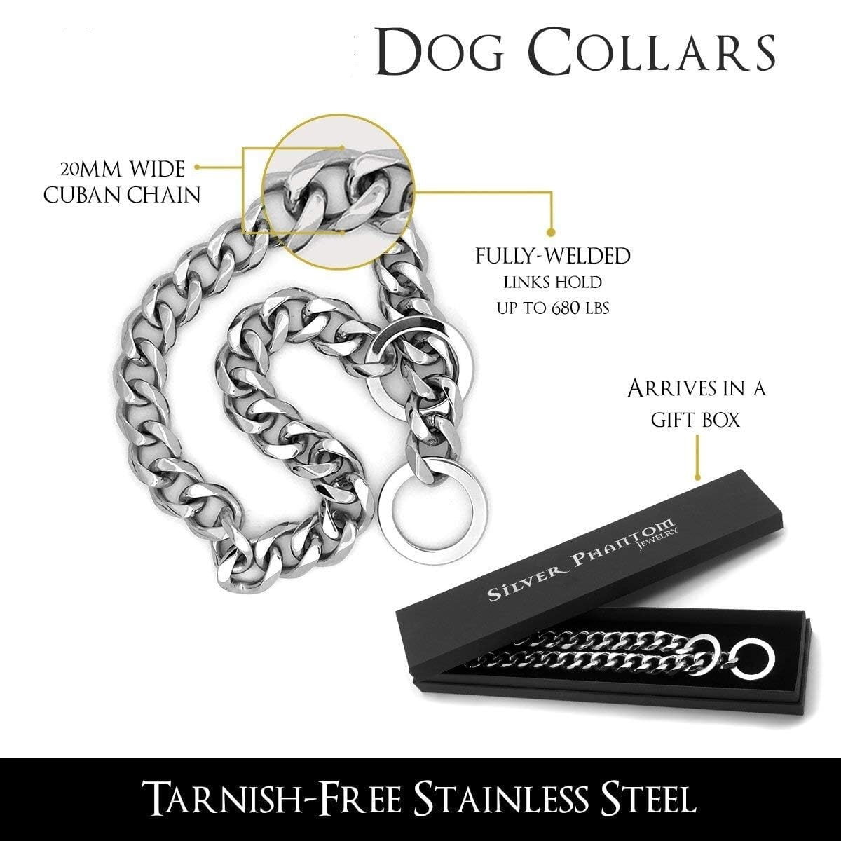 Heavy Duty Cuban Chain Dog Collar for Large Dogs - 20mm XL Extra Wide,Silver