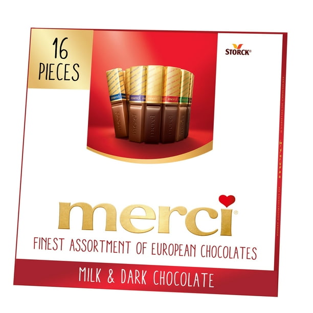 merci Finest Selection includes 8 flavors: Milk Chocolate, Hazelnut Almond,  Hazelnut Crème, Dark Cream, Dark Mousse, Coffee and Cream, Praline Crème,  ...