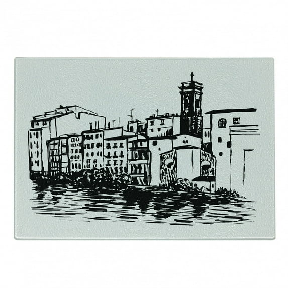 European Cutting Board, Venice City Sketch Style Hand Drawn Historical Buildings Tourist Town Picture, Decorative Tempered Glass Cutting and Serving Board, Small Size, Black White, by Ambesonne