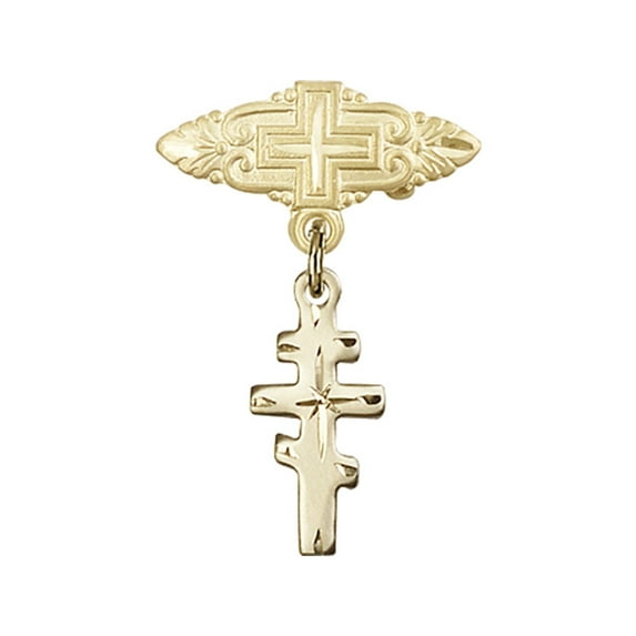 14kt Yellow Gold Baby Badge with Greek Orthadox Cross Charm and Badge Pin with Cross 1 1/8 X 3/4 inches