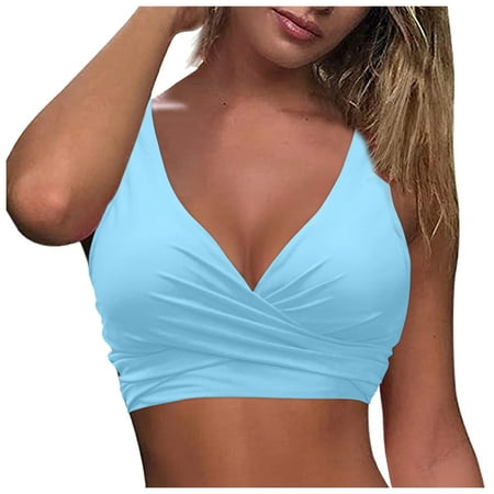 Swim Tops Women Long Sleeve Women Lace Up Swimwear Tops Underwire Full Coverage Bikini Top Push Up Swim Crop Top Tie Back Bathing Suit Tops Female Womens Bikini & Tankini Tops(Light Blue XL)
