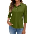 thumbnail image 3 of Womens 3/4 Length Sleeve Polo Shirts Business Casual Collared V Neck Tops Summer Cotton 5 Buttons Polos Tshirts,Army Green L, 3 of 6