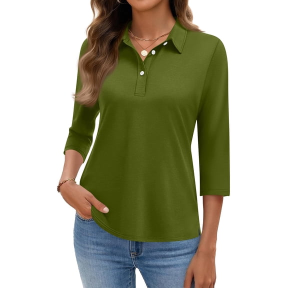 Polo Shirts for Women 3/4 Length Sleeve Golf Shirts 5-Button Quick Dry Workout Tops Collared for Work Running Tennis,Army Green L